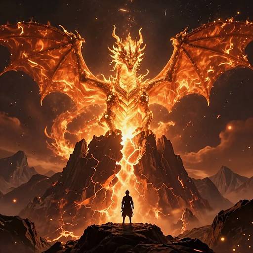 Digital art: Silhouetted figure facing enormous, fiery dragon with glowing orange wings and jagged, molten scales on rocky mountain peak.