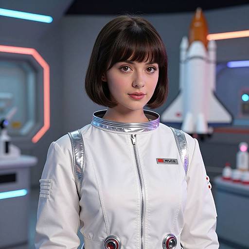 CGI image of an Asian woman with short brown hair, wearing a white space suit with silver accents, in a futuristic spaceship control room with a rocket