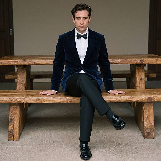 Photograph of a handsome man with short dark hair, wearing a black velvet tuxedo, white shirt, black bow tie, and black shoes,