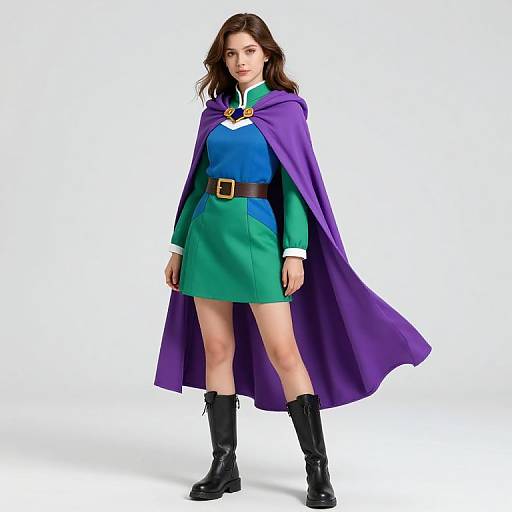 Photograph of a young woman with light brown hair, wearing a blue-green dress, purple cape, black belt, and boots, standing confidently against a