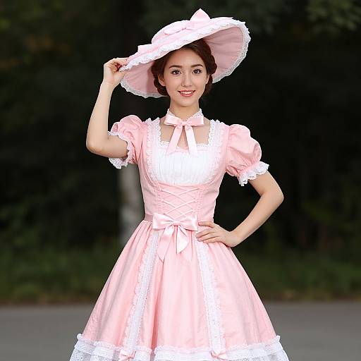 Photograph of an Asian woman in a pink Victorian-style dress with white lace trim and a wide-brimmed hat, smiling outdoors against a dark green