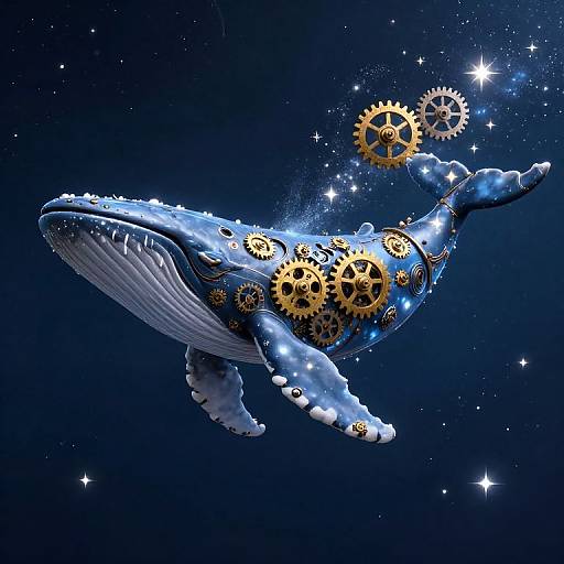 Digital artwork of a blue whale adorned with golden gears floating in a starry, dark blue ocean, blending marine life with mechanical elements.