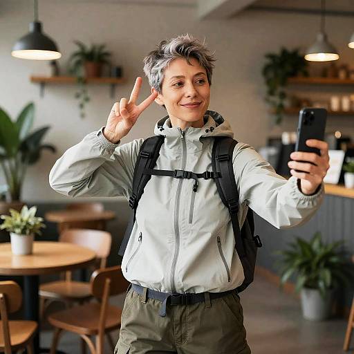 Non-binary person taking selfie in coffee shop