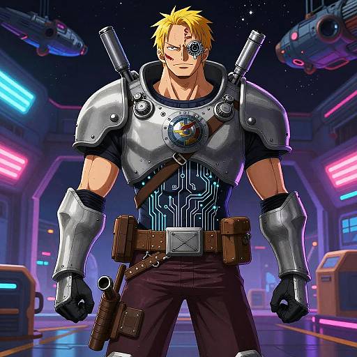 Digital anime-style drawing of a muscular blonde man with an eyepatch, wearing futuristic silver armor, black shirt, and pants, in a neon-l