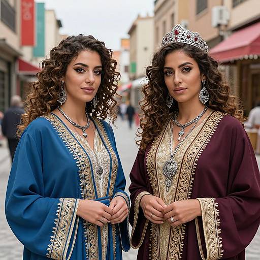 Photograph of two curly-haired women in medieval-style robes with intricate gold embroidery, wearing silver tiaras and jewelry, standing on a cobblestone street