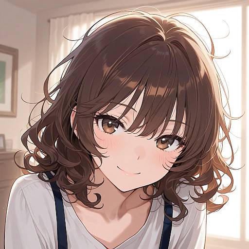 Anime-style digital drawing of a cute, brown-haired girl with wavy hair, brown eyes, and a slight smile, wearing a white shirt and black