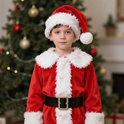 Photograph of a young boy with light skin and brown hair, wearing a red velvet Santa outfit with white trim, black belt, and Santa hat,
