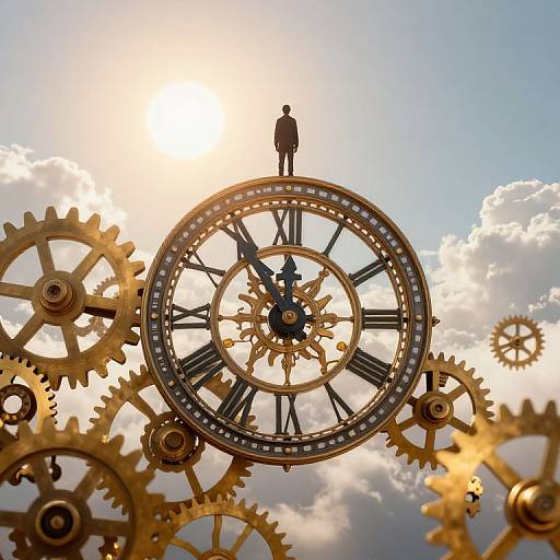 Photograph of a large, golden clock with Roman numerals, surrounded by interlocking gears, under a bright sunlit sky with clouds. A small