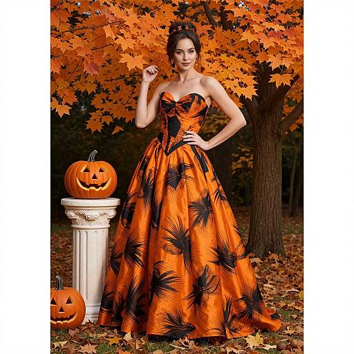 Photograph of a woman in an orange, black-patterned Halloween ball gown, standing by carved pumpkins and an autumn tree with vibrant orange leaves.