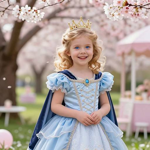 Photograph of a blonde, blue-eyed little girl with curly hair, wearing a light blue princess dress, golden crown, and navy cape, smiling under