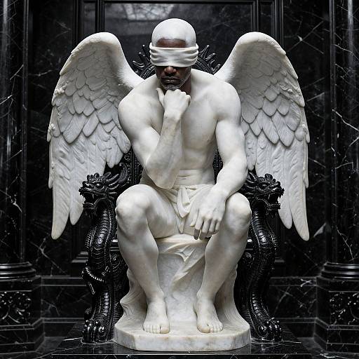 Photorealistic digital art of a muscular, white marble angel with large wings, blindfolded, squatting on an ornate black chair against a