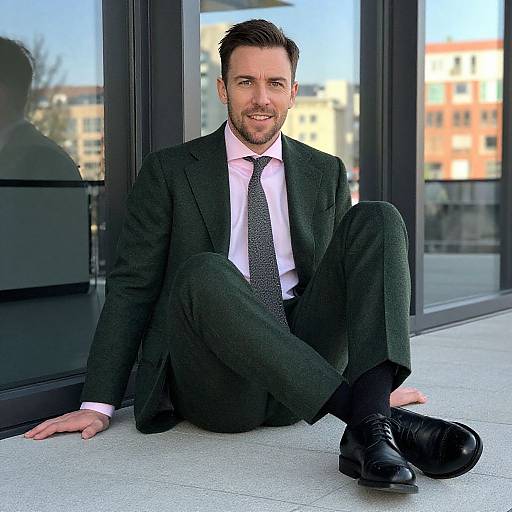 Photograph of a smiling, Caucasian man with short brown hair, beard, wearing a dark green suit, white shirt, and black tie, sitting on