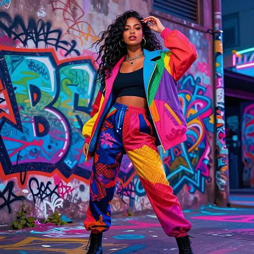 Photograph of a confident Black woman with long curly hair, wearing a colorful rainbow jacket, black crop top, and vibrant patterned pants, standing in