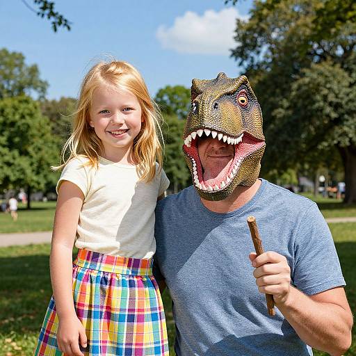 Photograph of a smiling blonde girl in a white top and colorful plaid skirt, standing next to a man in a T-Rex mask, holding