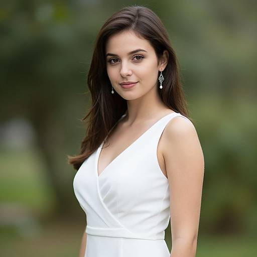 Photograph of a young woman with long dark hair, wearing a white sleeveless dress, and dangling earrings, standing outdoors with a blurred green background.