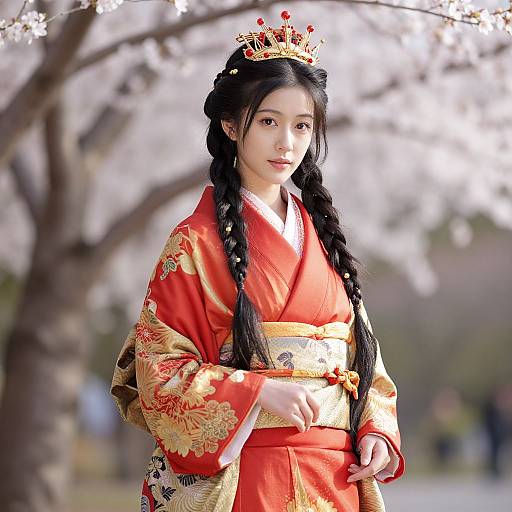 Woman in Traditional Red and Gold Kimono with Crown