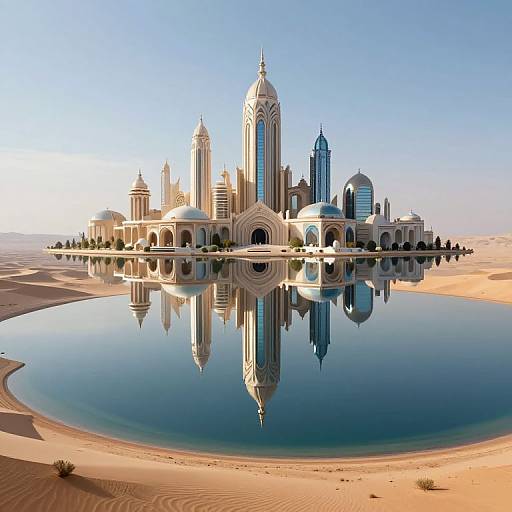 Photorealistic digital rendering of a futuristic, white, mosque-like structure with mirrored reflection in a desert oasis pool under clear blue sky.