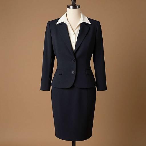 Photograph of a black tailored blazer and knee-length skirt displayed on a mannequin against a plain brown background.
