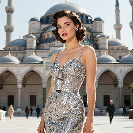 Photograph of a glamorous brunette woman in a sparkling silver sequin gown, standing in front of a grand, domed mosque.