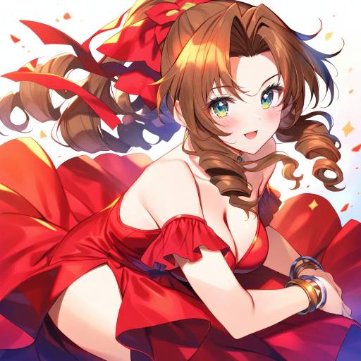 Illustration of Aerith gainsborough (red dress), final fantasy in the style of Bucchake (asami)