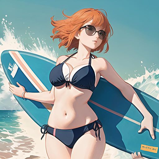 Energetic Surfer in Vibrant Beach Scene