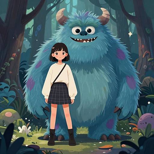 Digital illustration of a cute, short-haired girl in a white sweater and plaid skirt standing next to a large, blue, furry monster with horns in