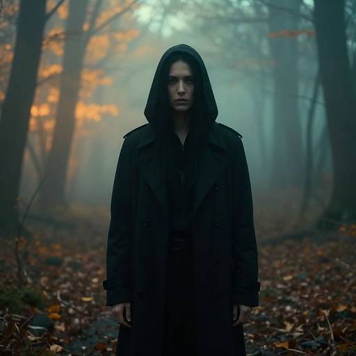 Photograph of a serious young woman with dark hair, wearing a black hooded coat, standing in a misty, autumn forest with glowing orange foliage