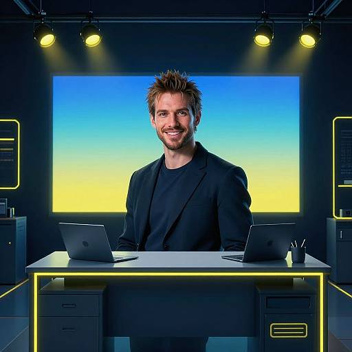 Photorealistic CGI of a smiling, spiky-haired man in a black blazer, standing behind a neon-lit desk with laptops, against a