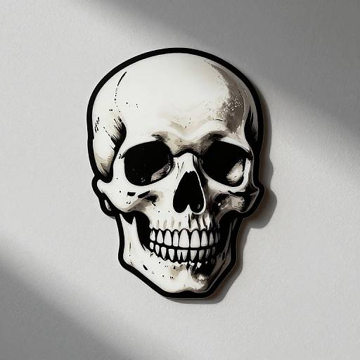 Black-and-white digital drawing of a detailed, shadowed skull with hollow eyes and teeth, centered on a gradient gray-white background.