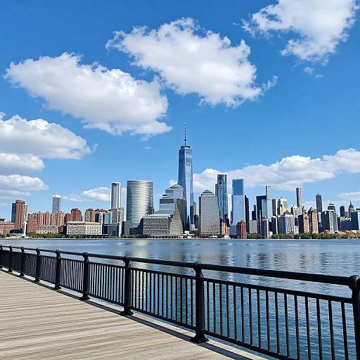 Photograph of New York City skyline from a wooden boardwalk with black railings, reflecting on the water under a bright blue sky with fluffy white clouds