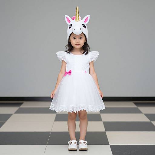 Photograph of an Asian toddler in a white unicorn costume dress with pink bow, white shoes, standing on checkered floor.