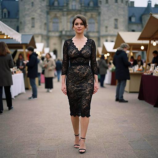 Photograph of a woman in a black lace dress and strappy heels, standing in an outdoor market with a historic stone castle in the background.