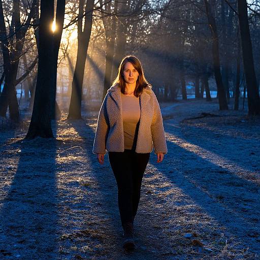 Photograph of a woman with medium-length brown hair, wearing a beige sweater and black pants, walking through a sunlit, blue-hued forest at