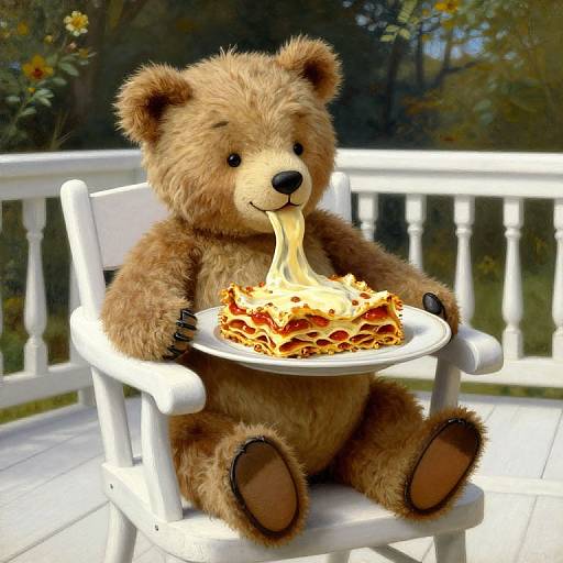 Photograph of a fluffy brown teddy bear seated on a white wooden chair, eating a plate of spaghetti noodles outdoors.