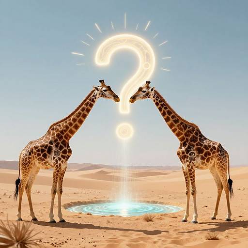 Photograph of two giraffes standing in a desert, facing each other, with a glowing sun halo above and a small waterhole at their feet