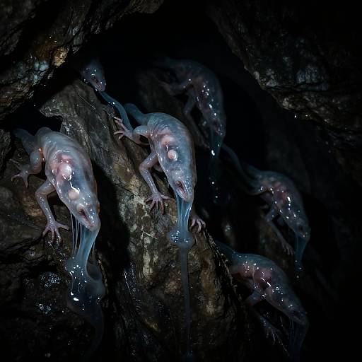 Photograph of bioluminescent fish with translucent, glowing pink bodies and elongated fins, huddled together in dark, rocky underwater cavern.