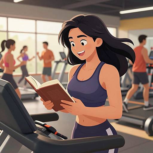 Digital cartoon of a smiling, fit woman with black hair reading a book on a treadmill in a busy gym.