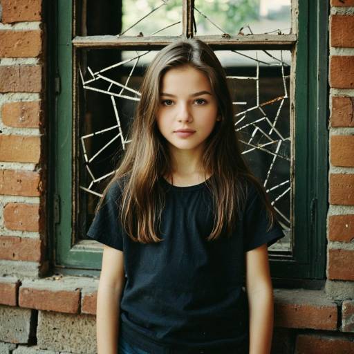 Young Girl Standing by Broken Window