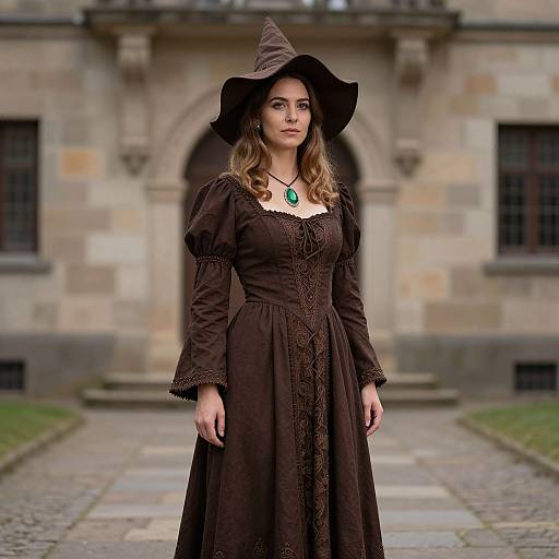 Photograph of a woman with wavy brown hair, wearing a dark brown, lace-trimmed Renaissance dress and witch hat, standing in front of