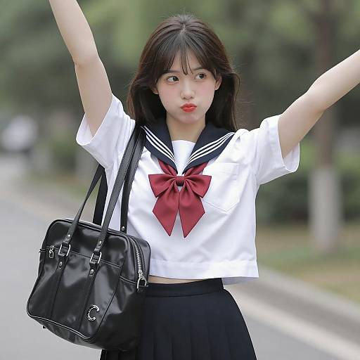 Asian Woman in Japanese Schoolgirl Uniform Outdoors