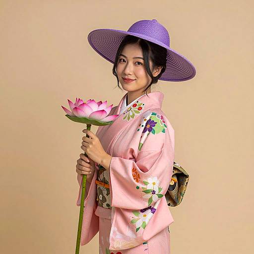 Joyful Asian Woman in Floral Kimono