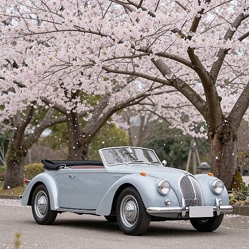Photograph of a silver classic convertible car with black leather seats, parked under blooming cherry blossom trees in a serene park.