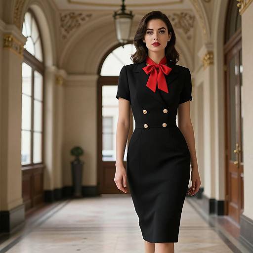 Photograph of a confident woman with dark wavy hair, wearing a black, buttoned, knee-length dress with a red bow, standing in a