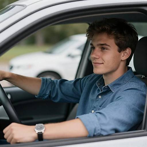 Young Man with Blue Shirt in Car