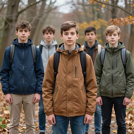Photograph of five young boys standing in a forest, wearing backpacks and autumn jackets, with fallen leaves on the ground.