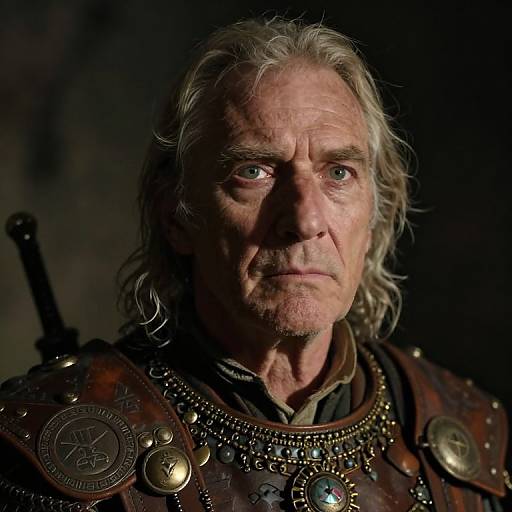 Photograph of an older man with long gray hair, intense green eyes, and furrowed brows, wearing medieval armor with intricate detailing and a sword