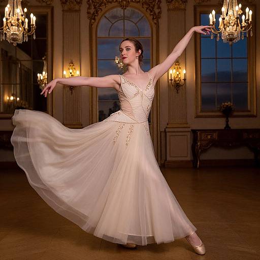 Photograph of a ballerina in a flowing white gown, dancing in an ornate room with chandeliers, evening sky visible through large windows