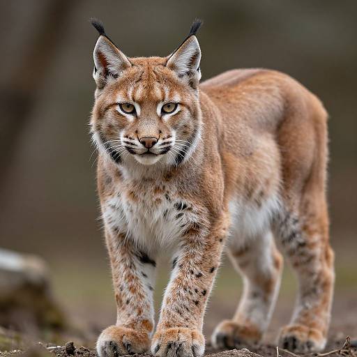 Photograph of a Eurasian lynx with striking orange-brown fur, black spots, and tufted ears, standing alert on forest ground.