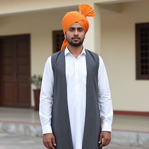 Photograph of a bearded South Asian man with medium brown skin, wearing an orange turban, white shirt, and gray vest, standing in front