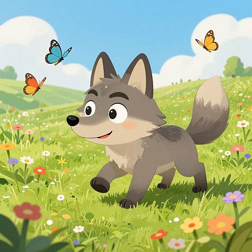 Cute cartoon grey wolf with big eyes and a fluffy tail playfully walks in a sunny meadow, surrounded by colorful flowers and two butterflies. Bright